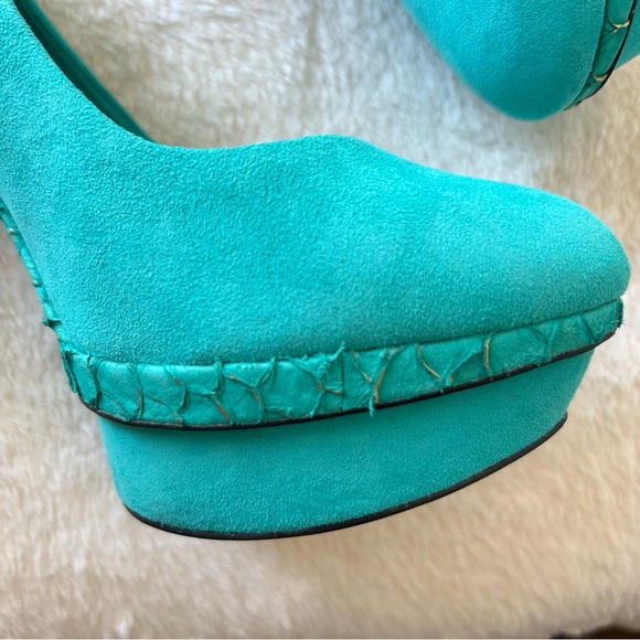 B Brian Atwood Fontanne Turquoise Ultra Suede and Snake Print Heels - Picture 7 of 8